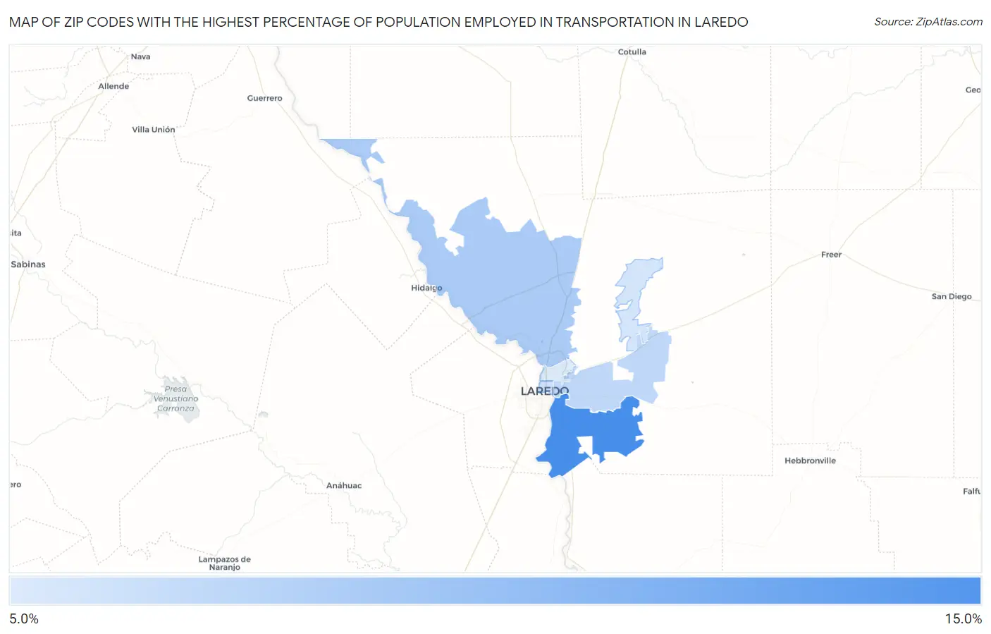 Zip Codes with the Highest Percentage of Population Employed in Transportation in Laredo Map