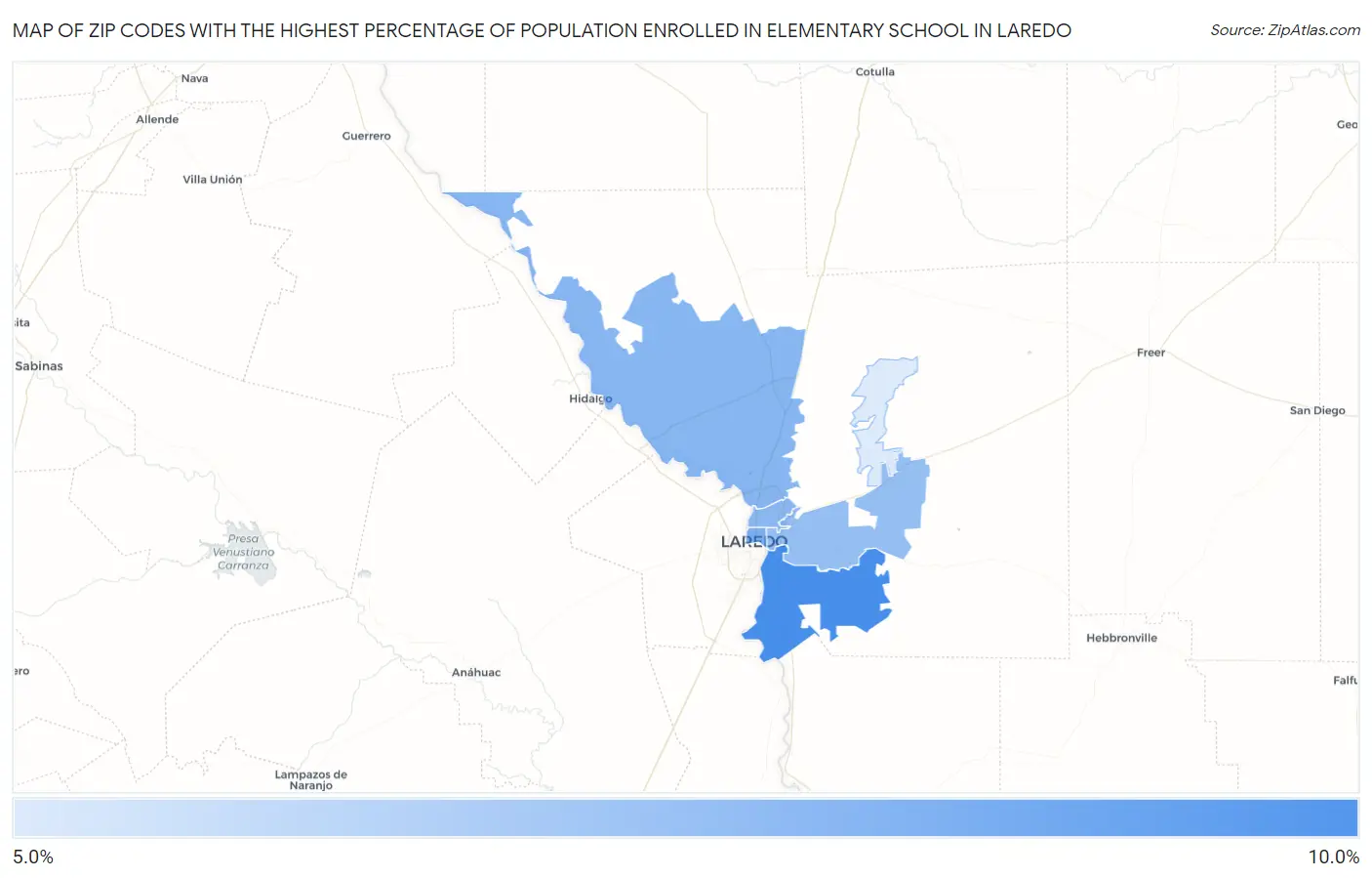 Zip Codes with the Highest Percentage of Population Enrolled in Elementary School in Laredo Map