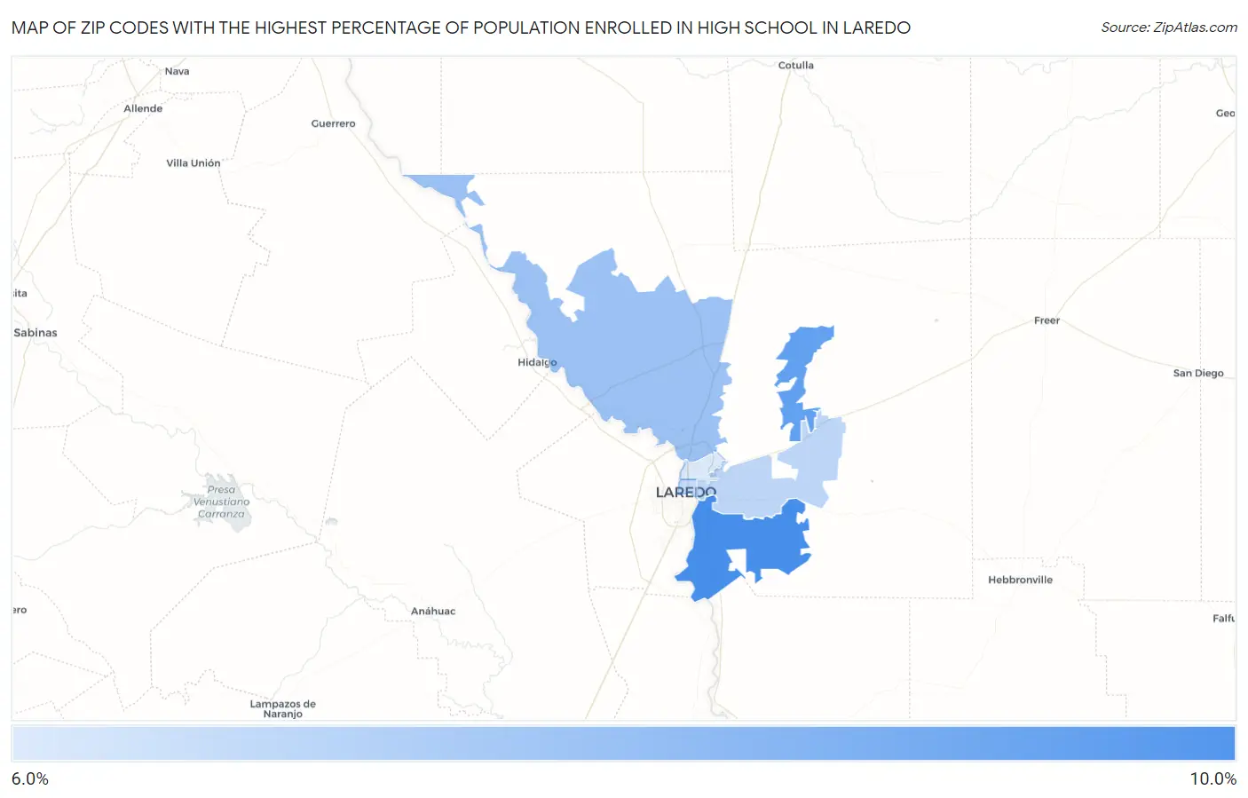 Zip Codes with the Highest Percentage of Population Enrolled in High School in Laredo Map