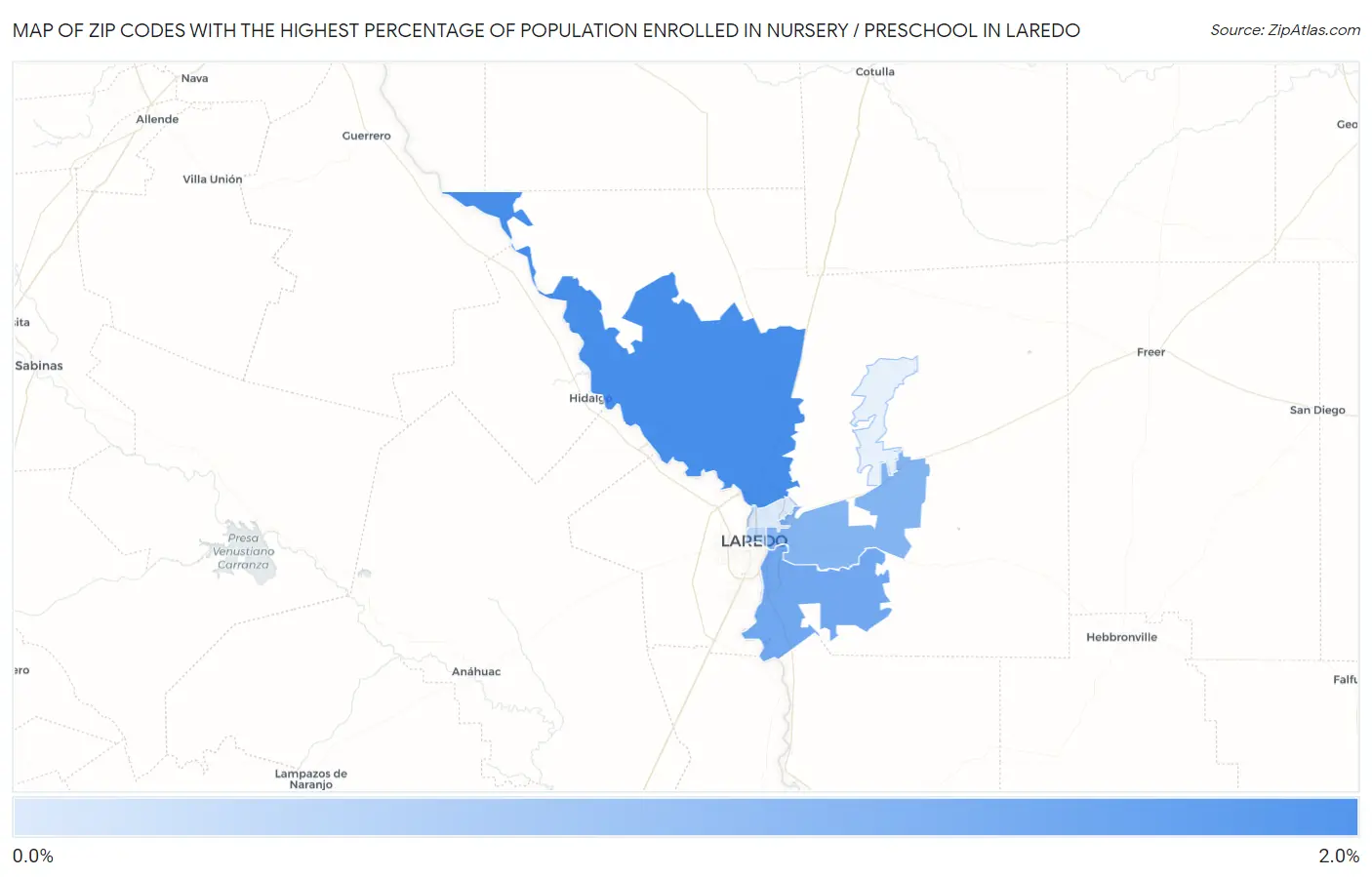 Zip Codes with the Highest Percentage of Population Enrolled in Nursery / Preschool in Laredo Map