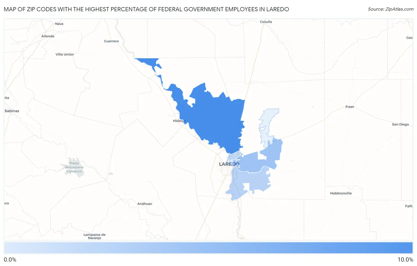 Zip Codes with the Highest Percentage of Federal Government Employees in Laredo Map