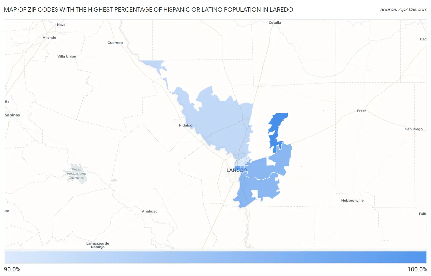 Zip Codes with the Highest Percentage of Hispanic or Latino Population in Laredo Map