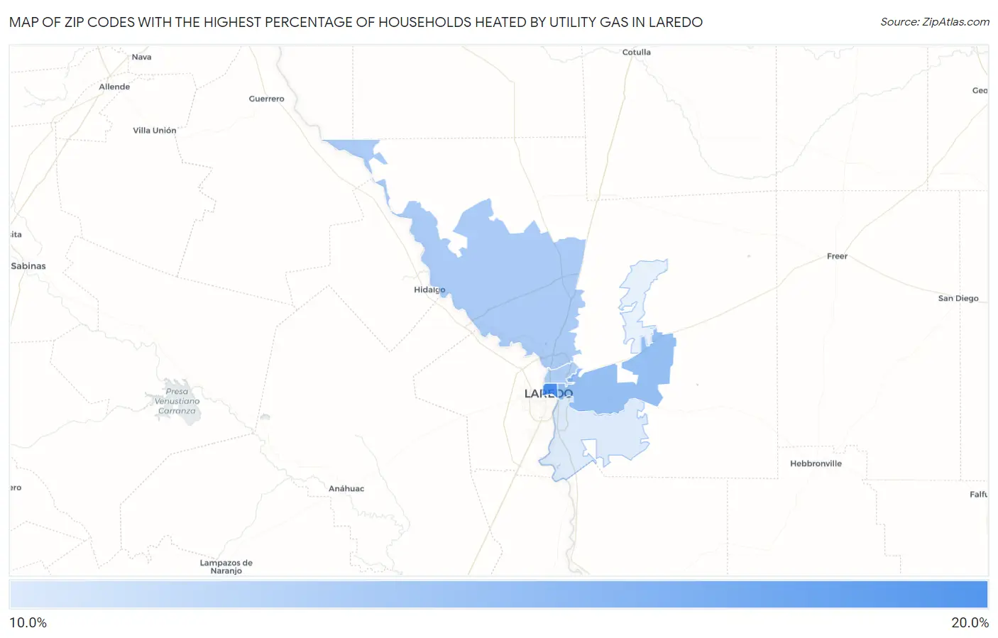 Zip Codes with the Highest Percentage of Households Heated by Utility Gas in Laredo Map