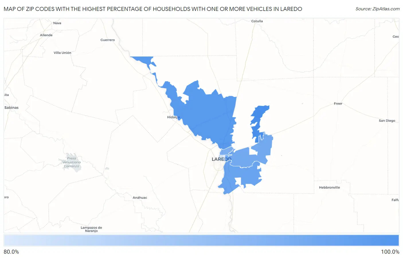 Zip Codes with the Highest Percentage of Households With One or more Vehicles in Laredo Map