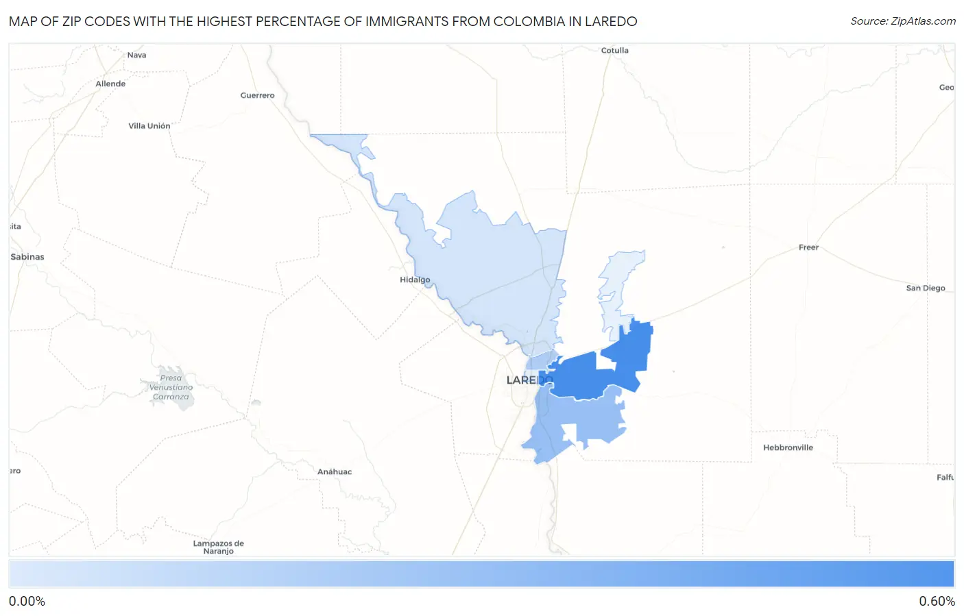 Zip Codes with the Highest Percentage of Immigrants from Colombia in Laredo Map