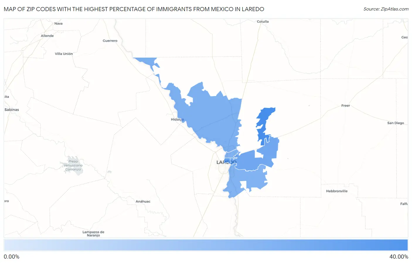 Zip Codes with the Highest Percentage of Immigrants from Mexico in Laredo Map