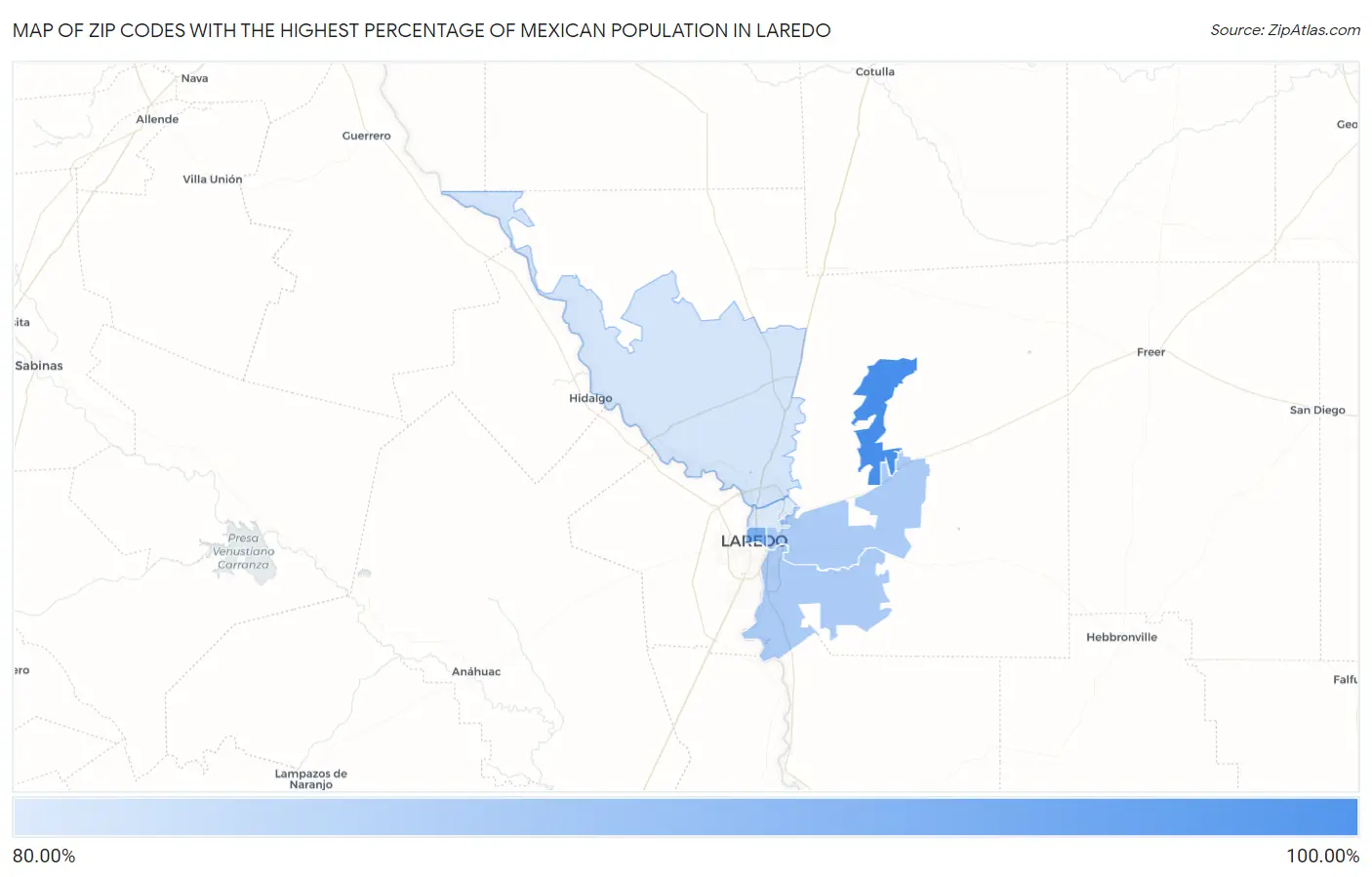 Zip Codes with the Highest Percentage of Mexican Population in Laredo Map