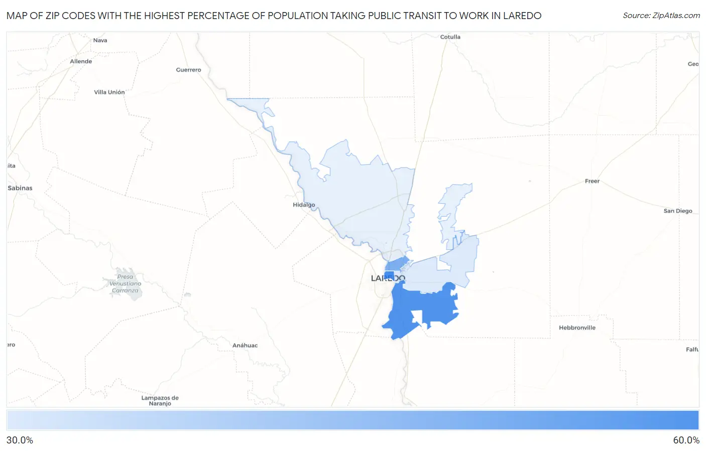Zip Codes with the Highest Percentage of Population Taking Public Transit to Work in Laredo Map
