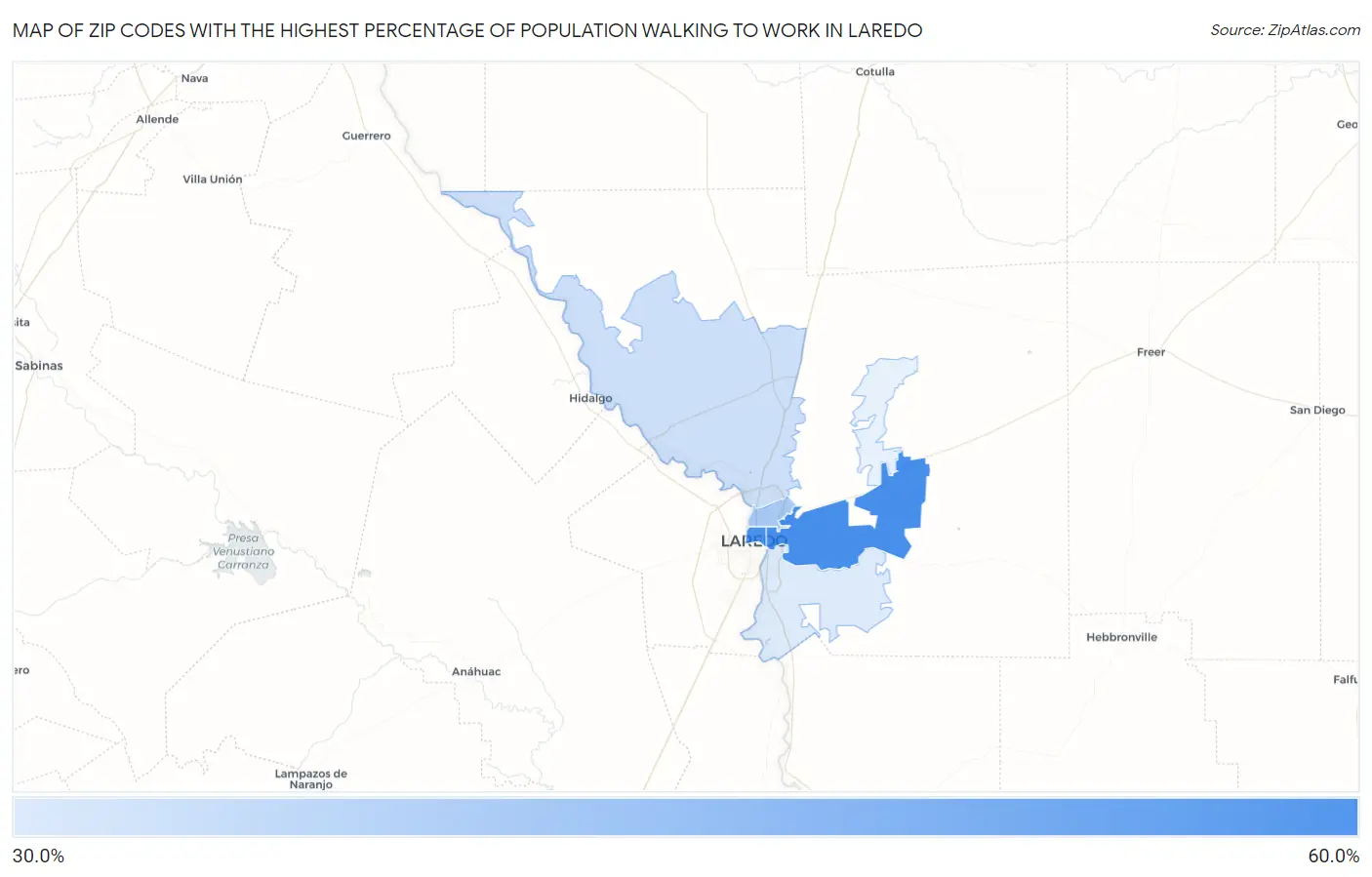 Zip Codes with the Highest Percentage of Population Walking to Work in Laredo Map