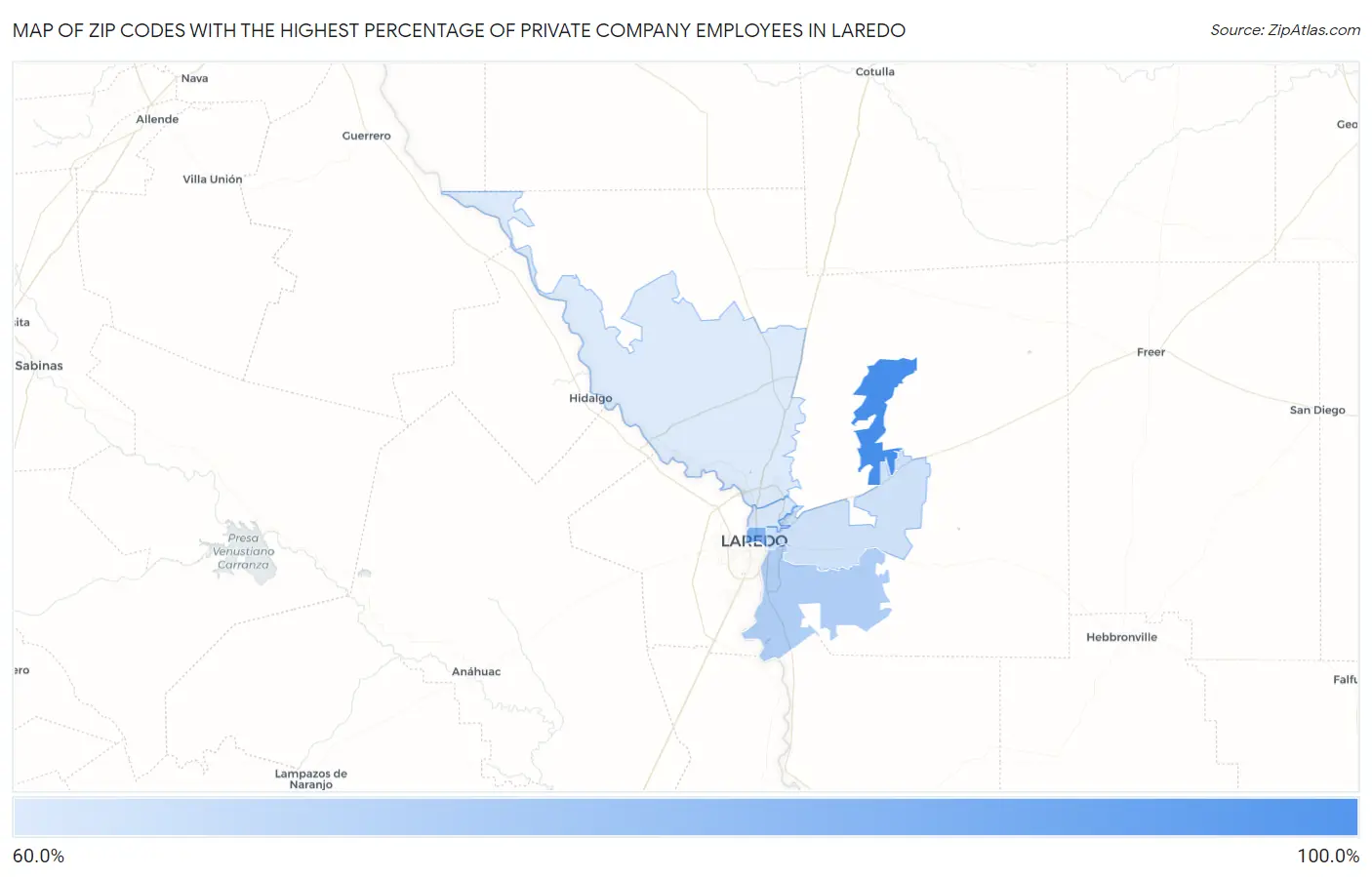 Zip Codes with the Highest Percentage of Private Company Employees in Laredo Map