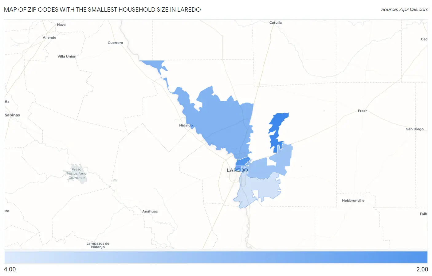 Zip Codes with the Smallest Household Size in Laredo Map