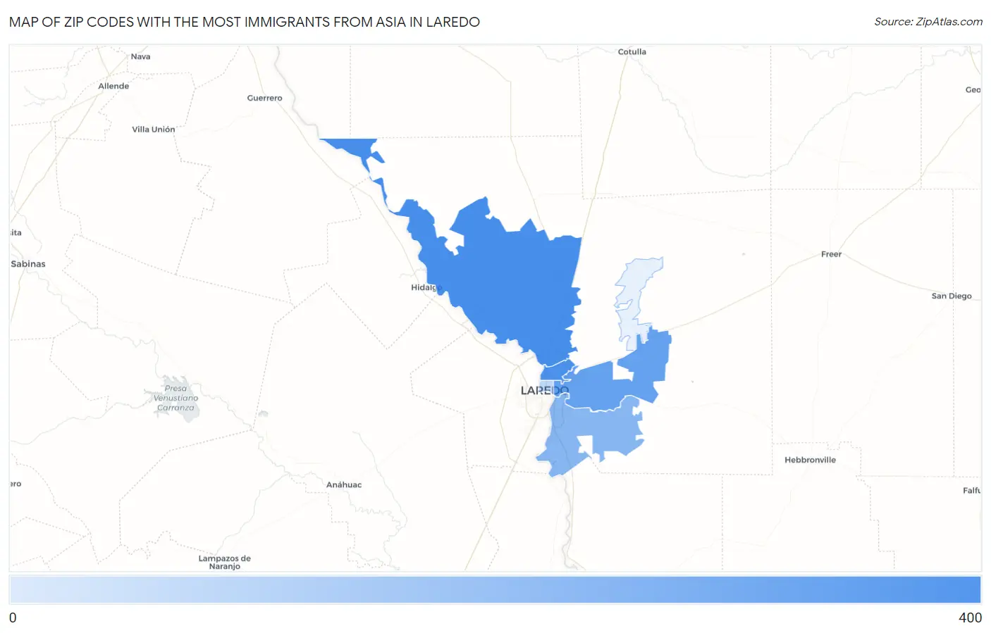 Zip Codes with the Most Immigrants from Asia in Laredo Map