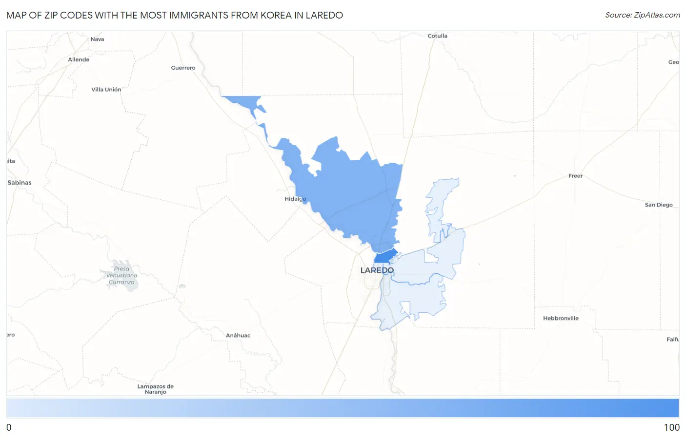 Zip Codes with the Most Immigrants from Korea in Laredo Map