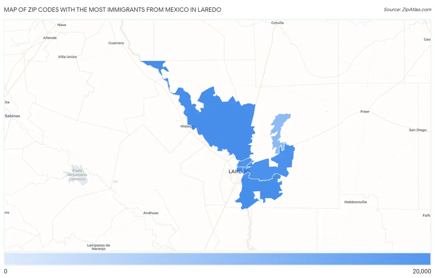 Zip Codes with the Most Immigrants from Mexico in Laredo Map