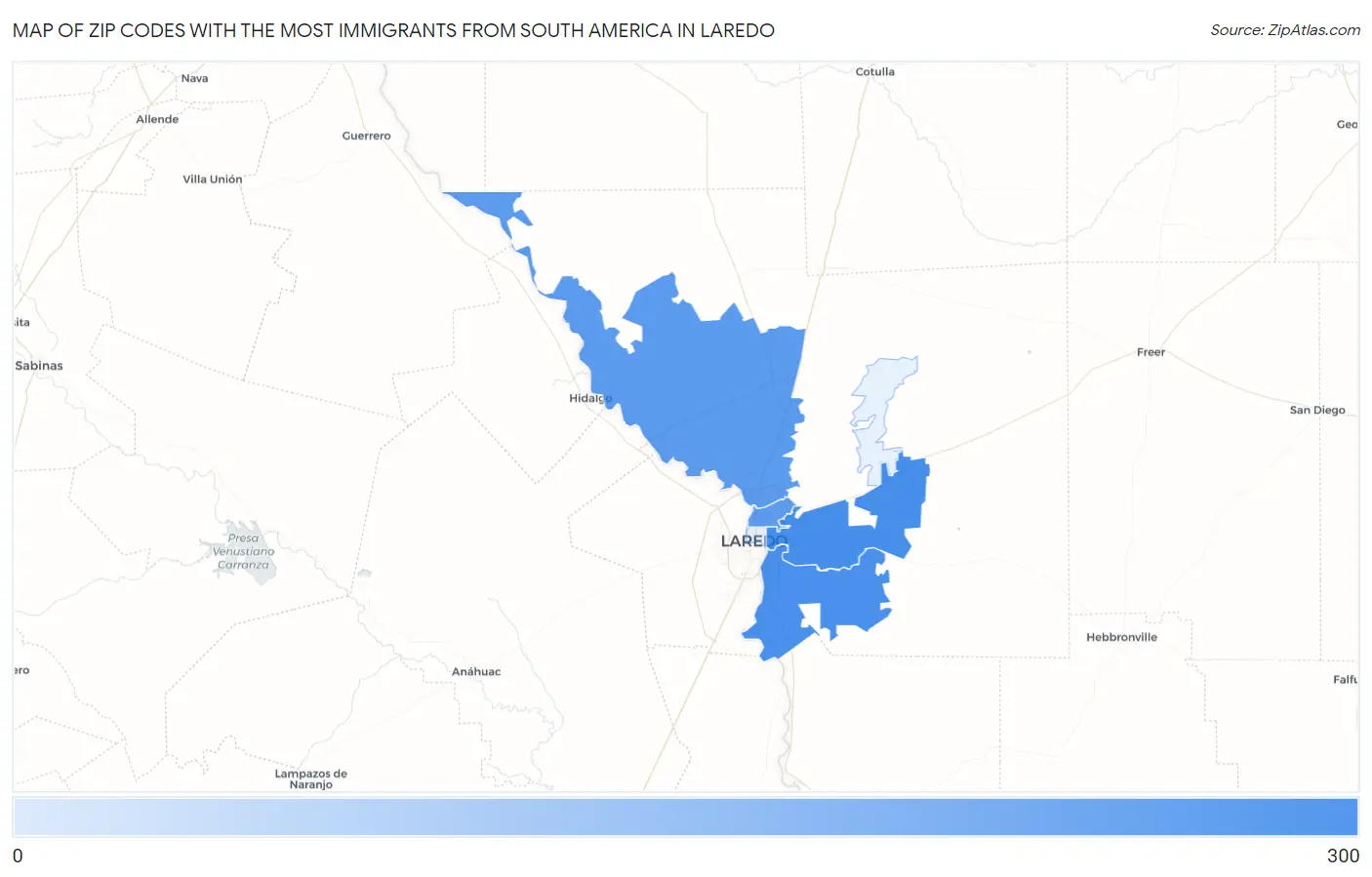 Zip Codes with the Most Immigrants from South America in Laredo Map