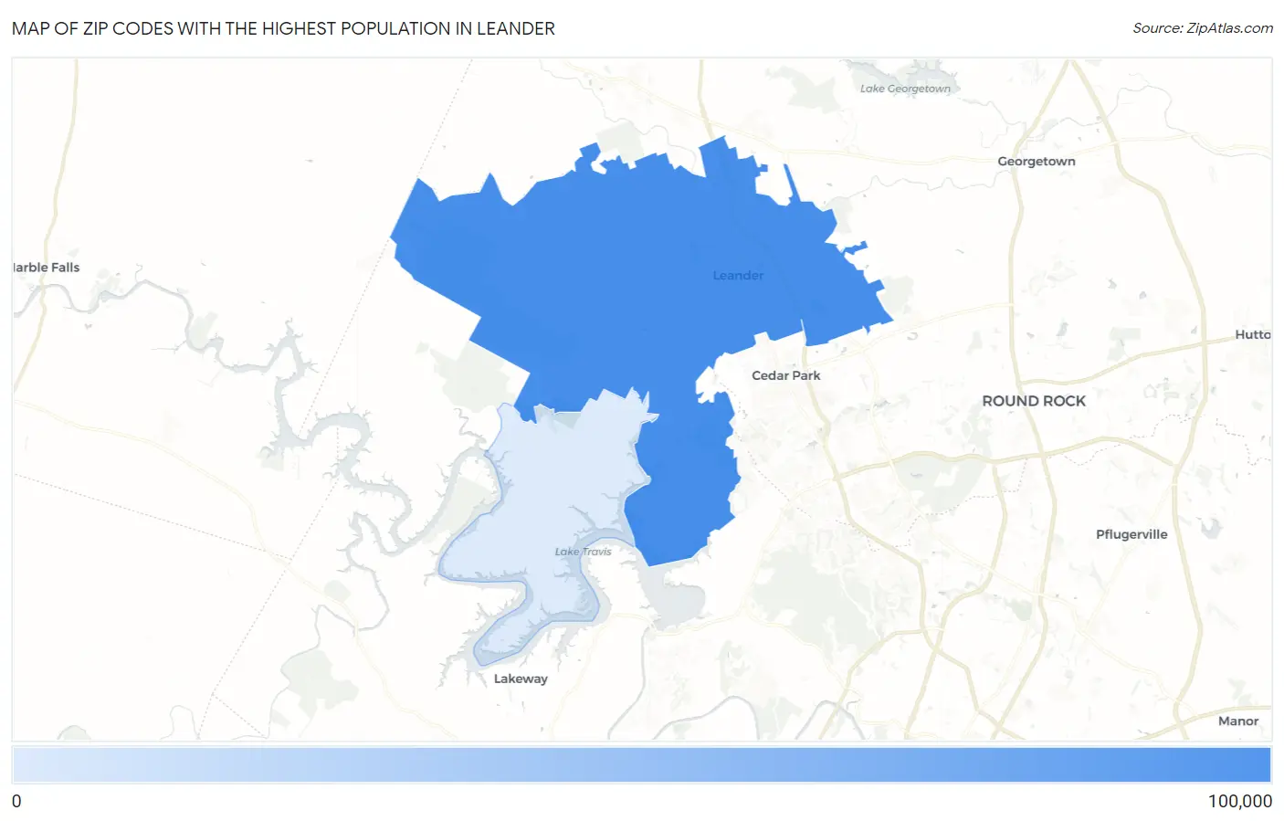 Zip Codes with the Highest Population in Leander Map