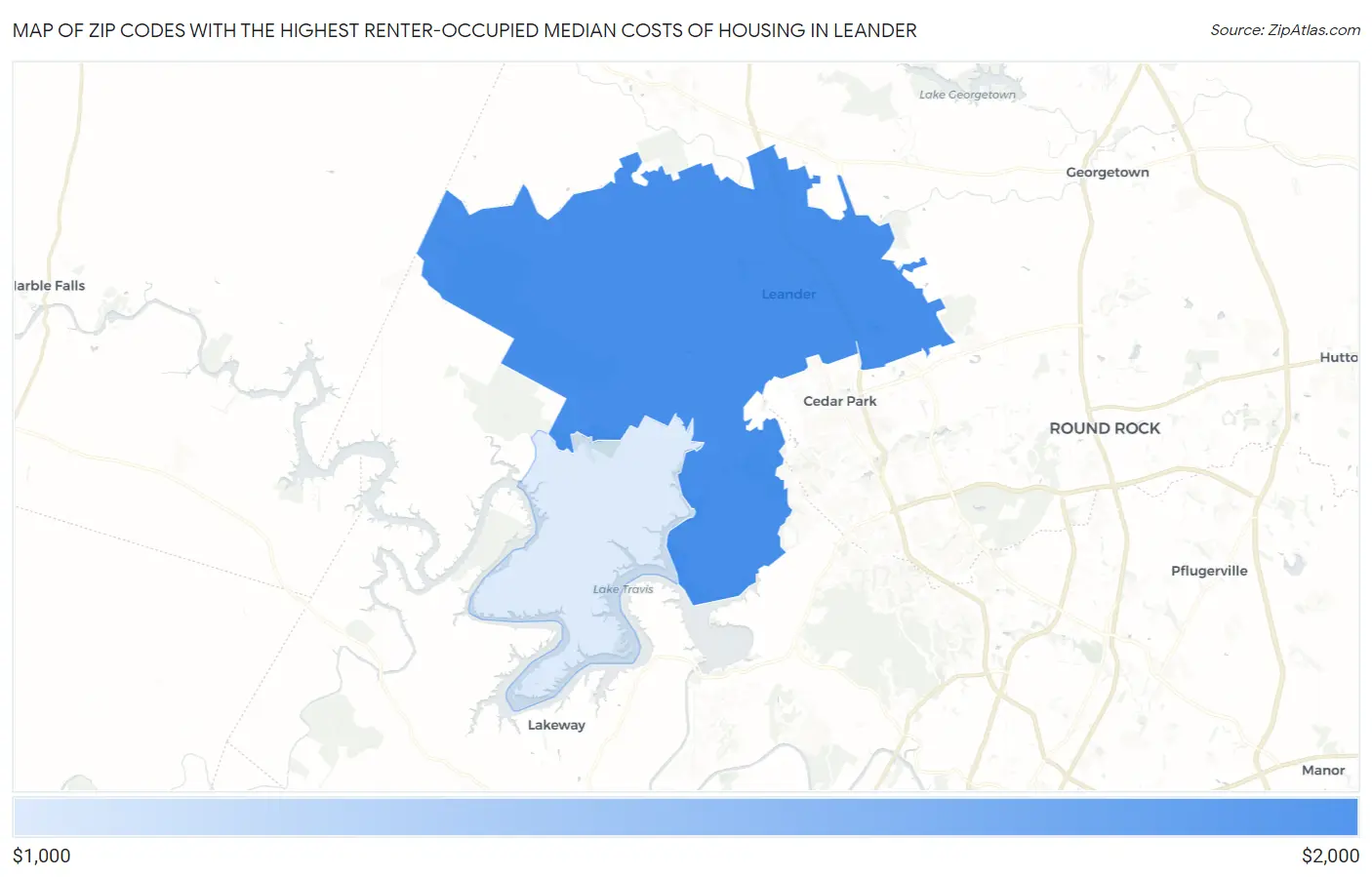 Zip Codes with the Highest Renter-Occupied Median Costs of Housing in Leander Map