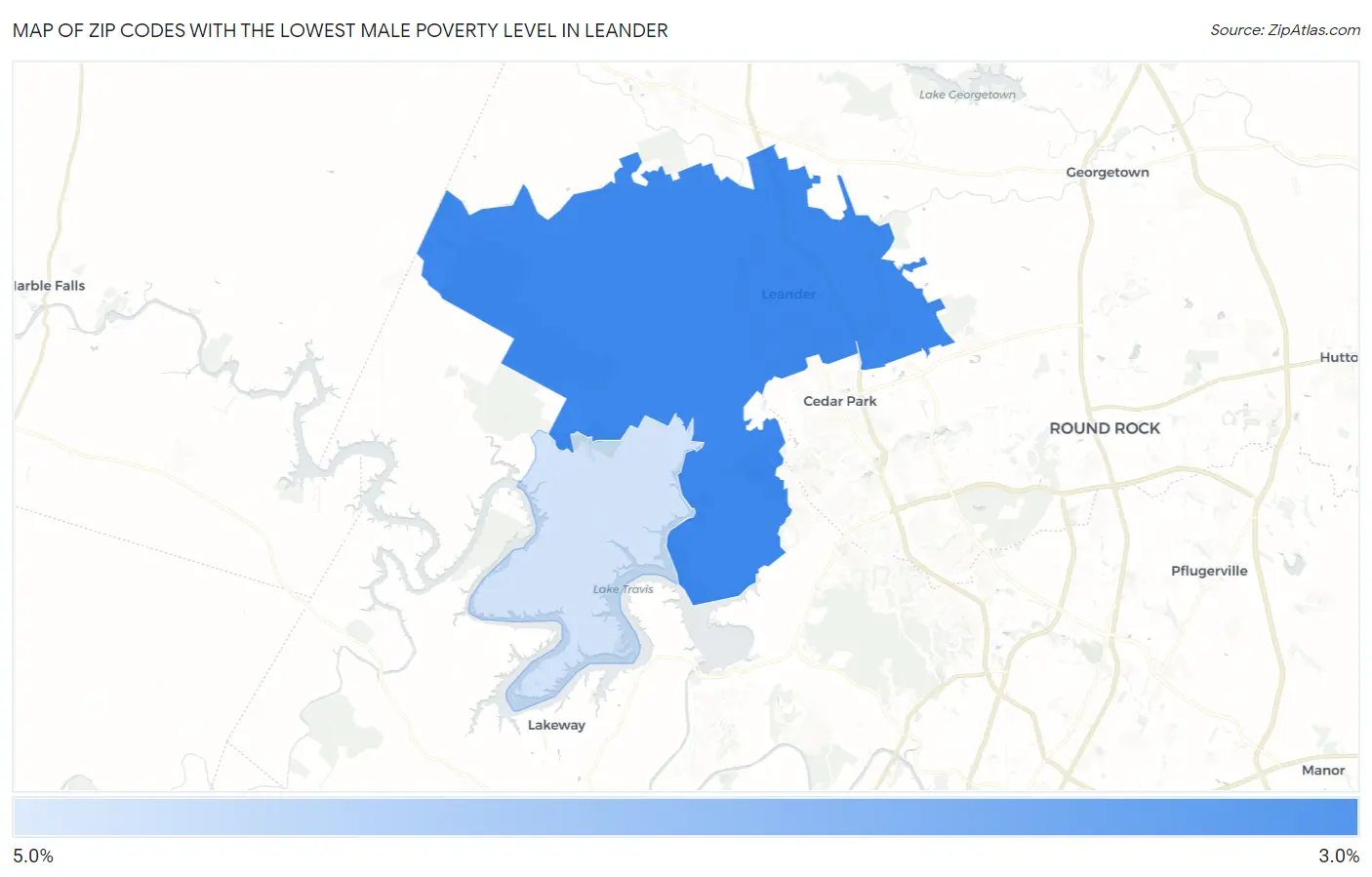 Zip Codes with the Lowest Male Poverty Level in Leander Map