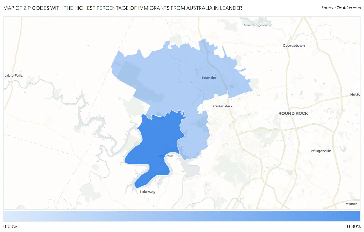 Zip Codes with the Highest Percentage of Immigrants from Australia in Leander Map