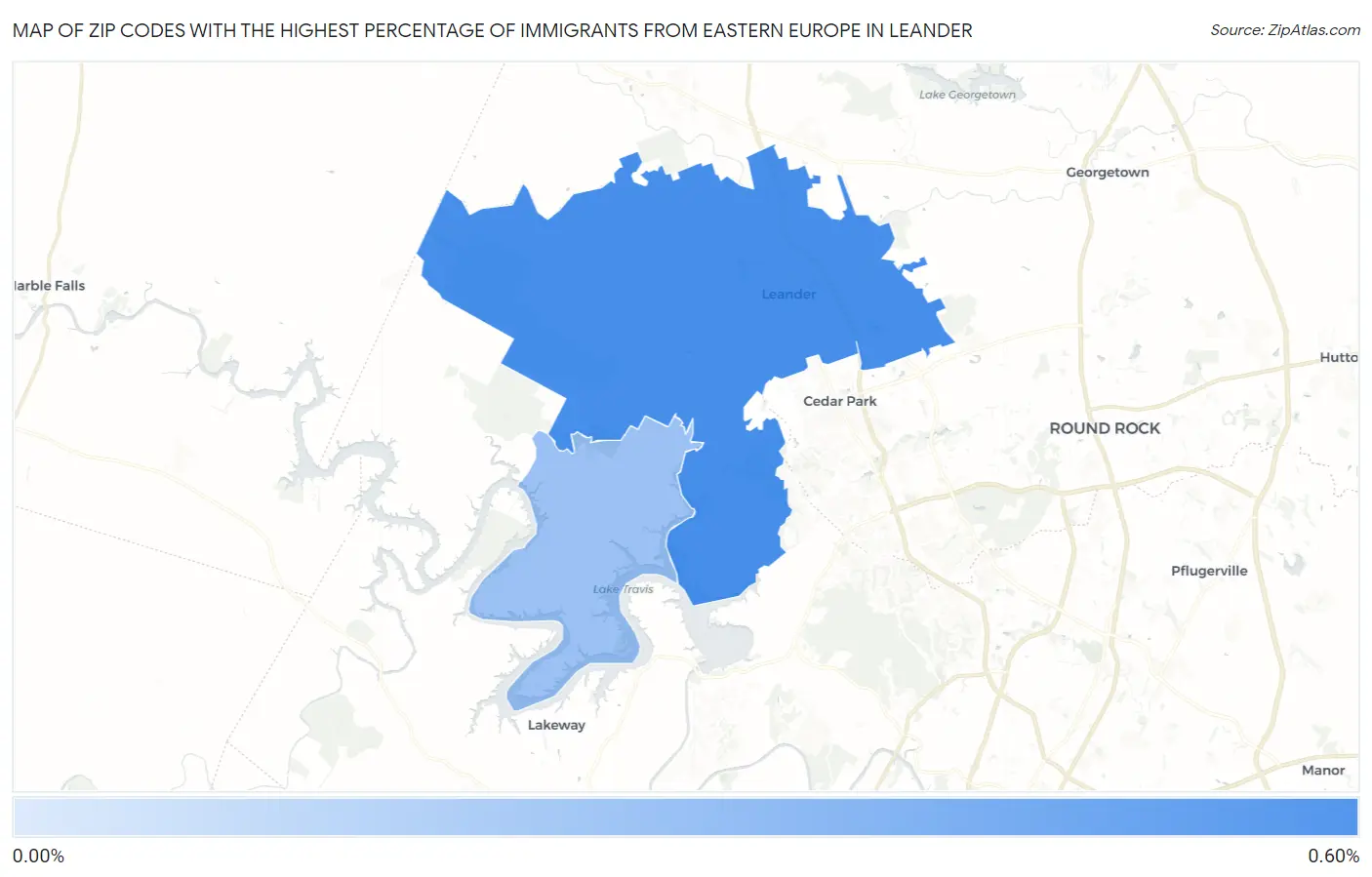 Zip Codes with the Highest Percentage of Immigrants from Eastern Europe in Leander Map