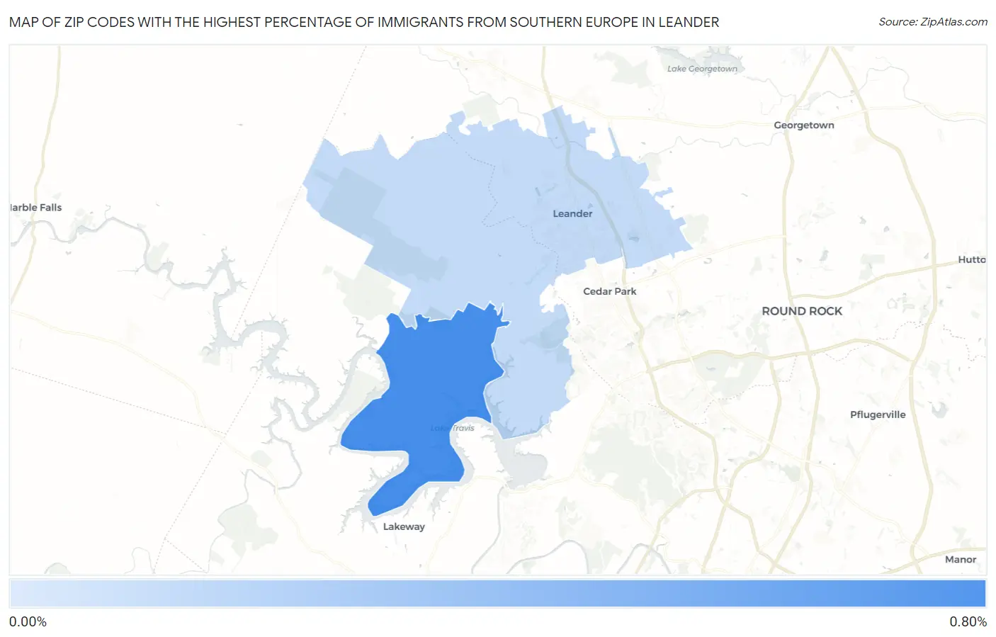 Zip Codes with the Highest Percentage of Immigrants from Southern Europe in Leander Map