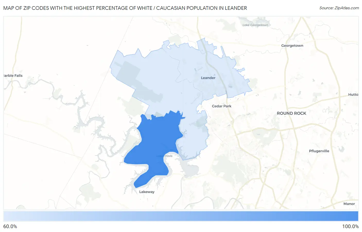 Zip Codes with the Highest Percentage of White / Caucasian Population in Leander Map