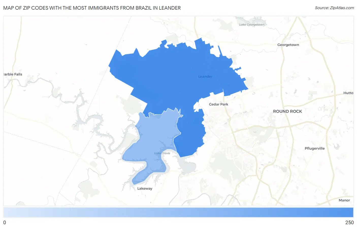 Zip Codes with the Most Immigrants from Brazil in Leander Map