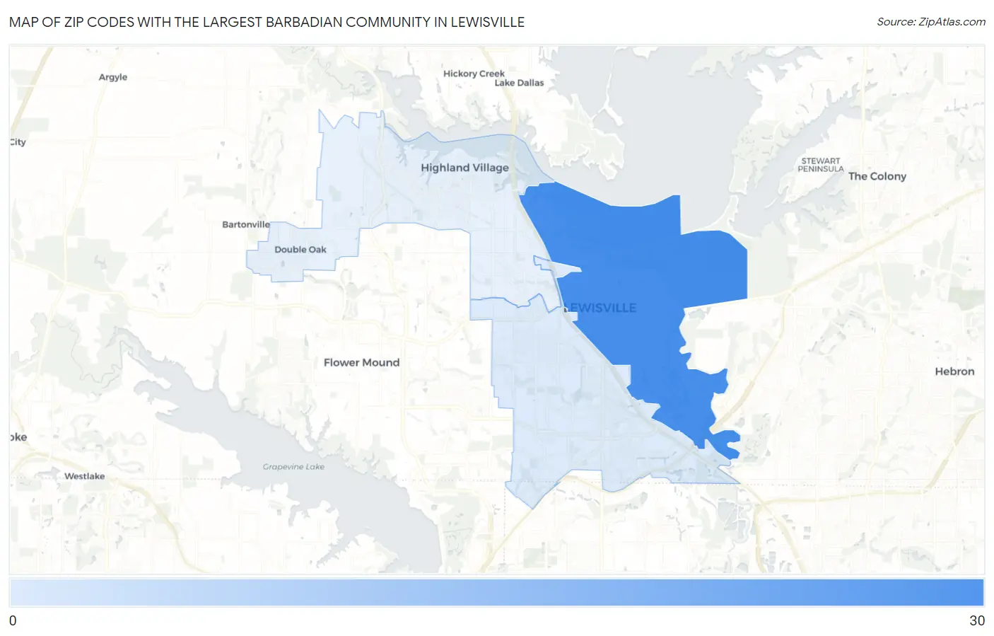 Zip Codes with the Largest Barbadian Community in Lewisville Map
