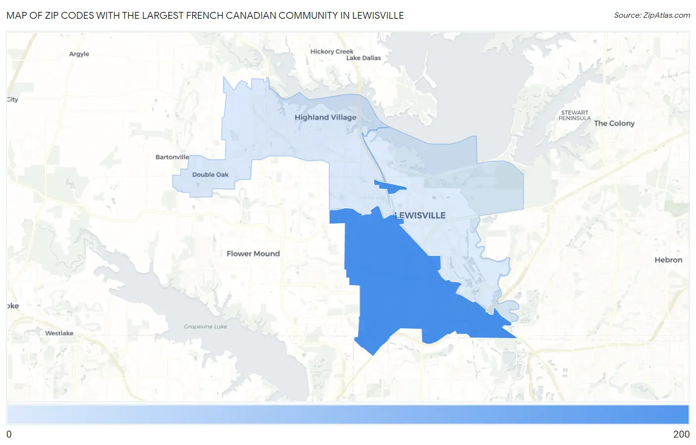 Zip Codes with the Largest French Canadian Community in Lewisville Map