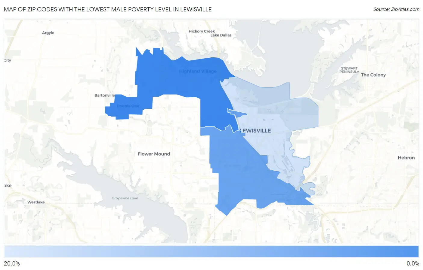 Zip Codes with the Lowest Male Poverty Level in Lewisville Map