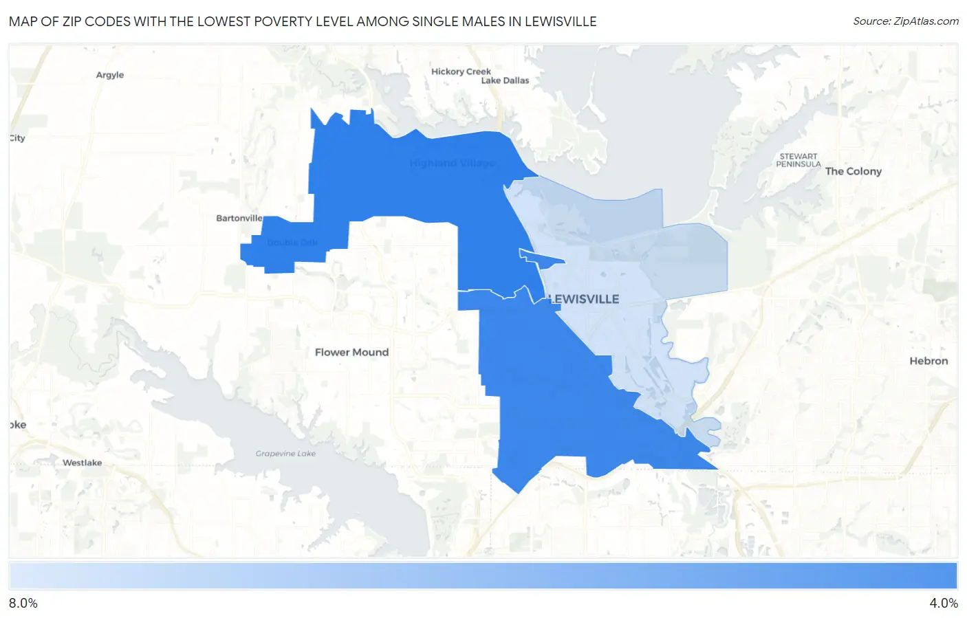 Zip Codes with the Lowest Poverty Level Among Single Males in Lewisville Map