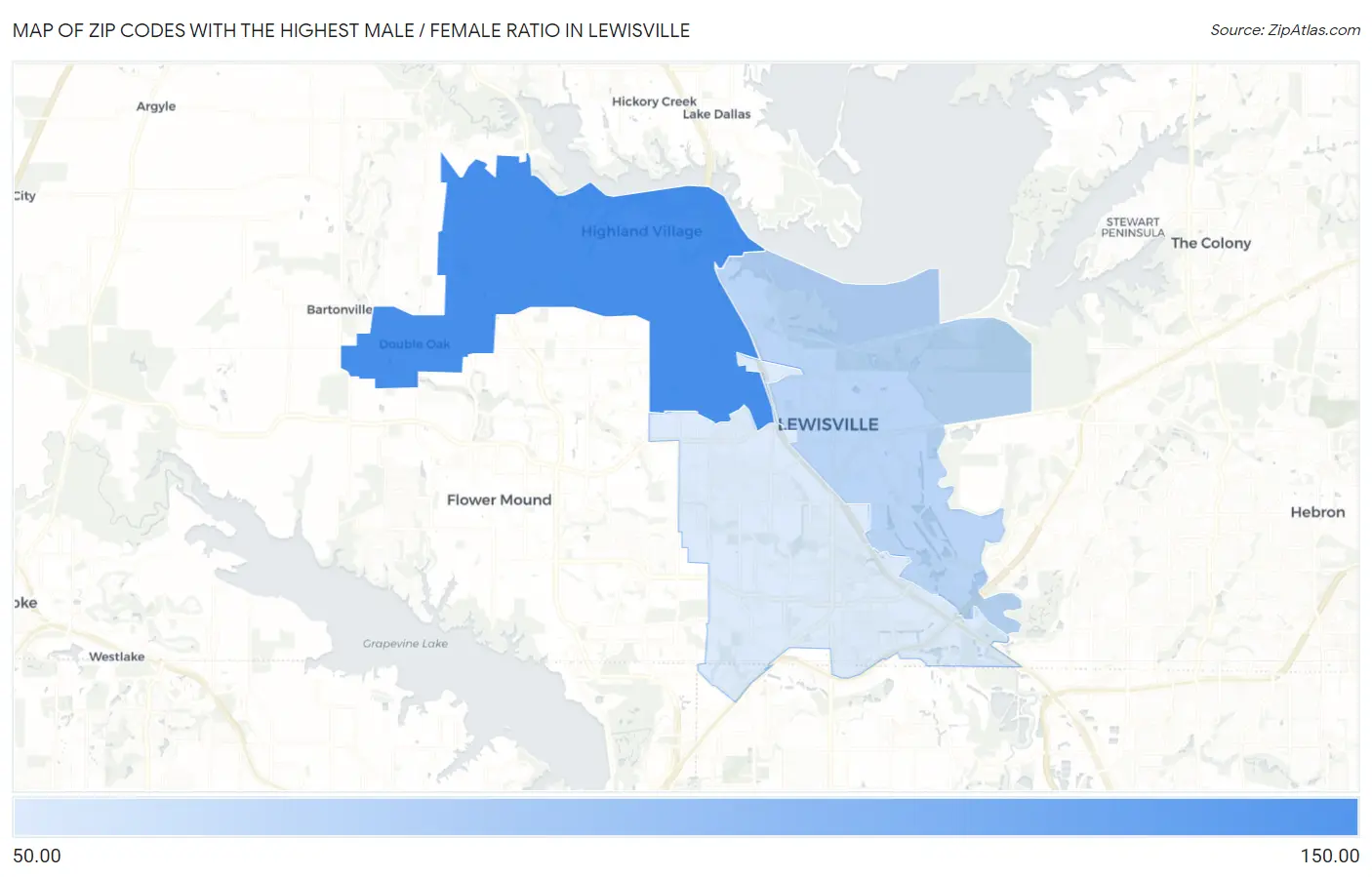 Zip Codes with the Highest Male / Female Ratio in Lewisville Map