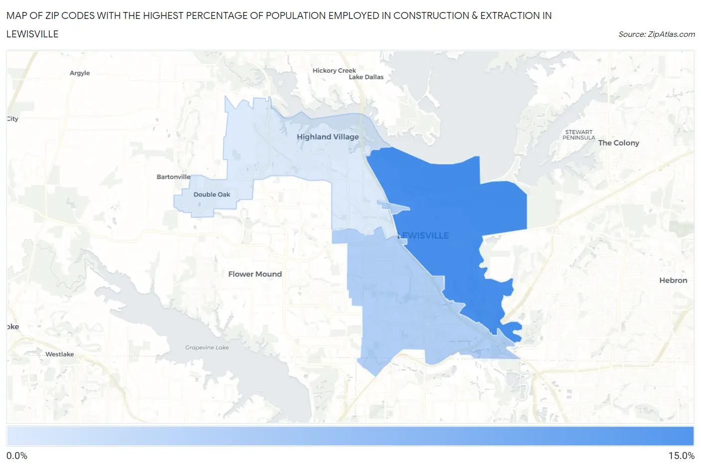 Zip Codes with the Highest Percentage of Population Employed in Construction & Extraction in Lewisville Map