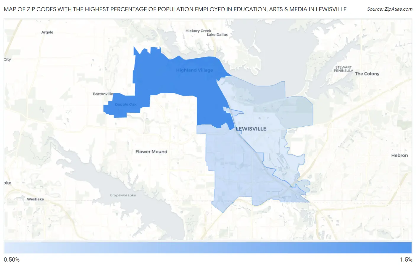 Zip Codes with the Highest Percentage of Population Employed in Education, Arts & Media in Lewisville Map