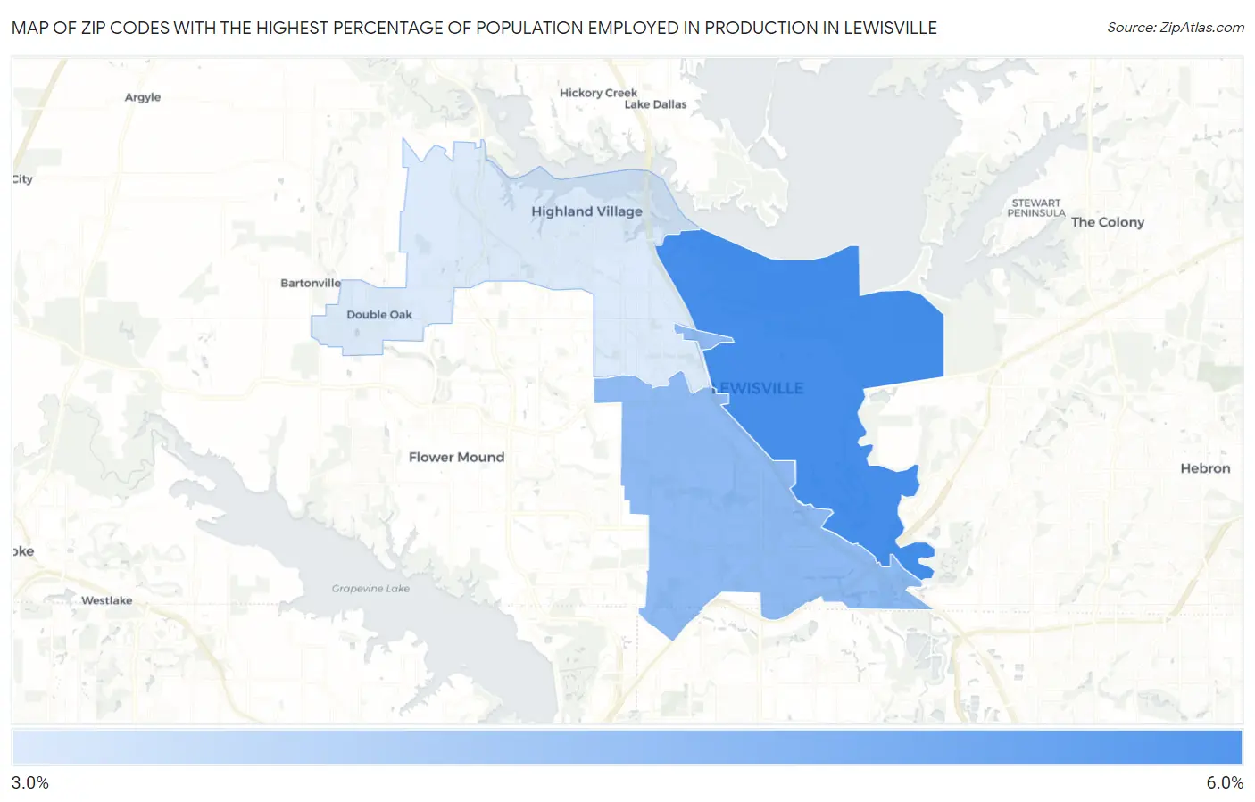 Zip Codes with the Highest Percentage of Population Employed in Production in Lewisville Map