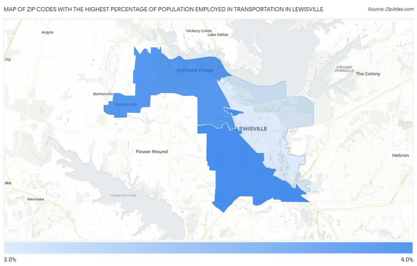 Zip Codes with the Highest Percentage of Population Employed in Transportation in Lewisville Map