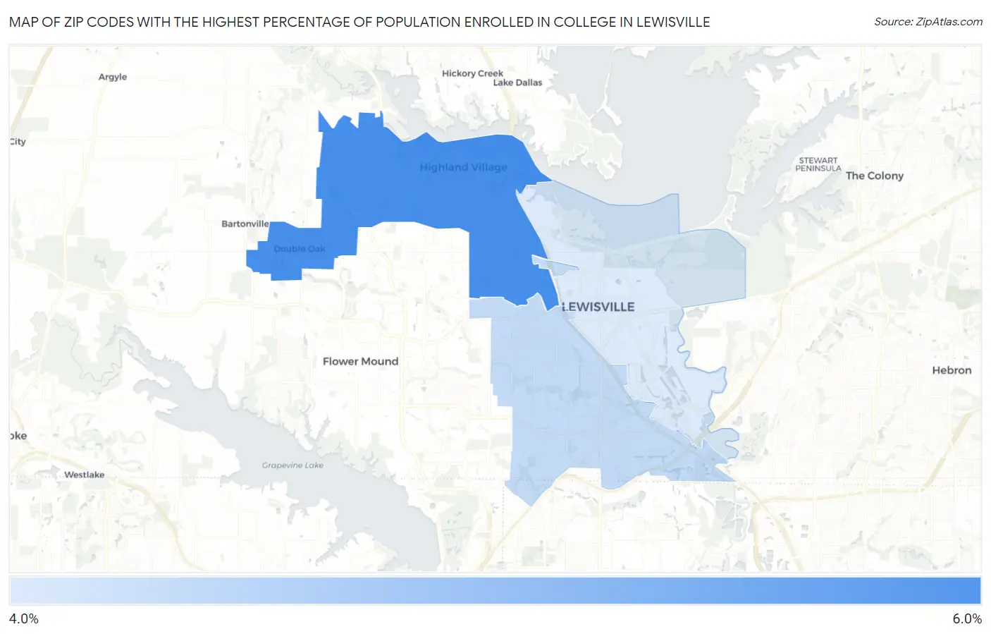 Zip Codes with the Highest Percentage of Population Enrolled in College in Lewisville Map