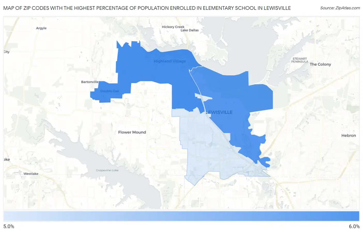 Zip Codes with the Highest Percentage of Population Enrolled in Elementary School in Lewisville Map