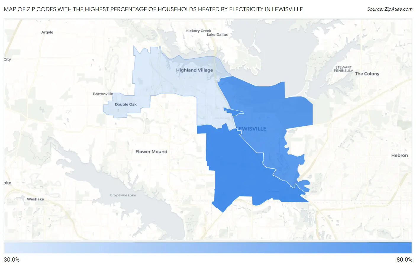 Zip Codes with the Highest Percentage of Households Heated by Electricity in Lewisville Map