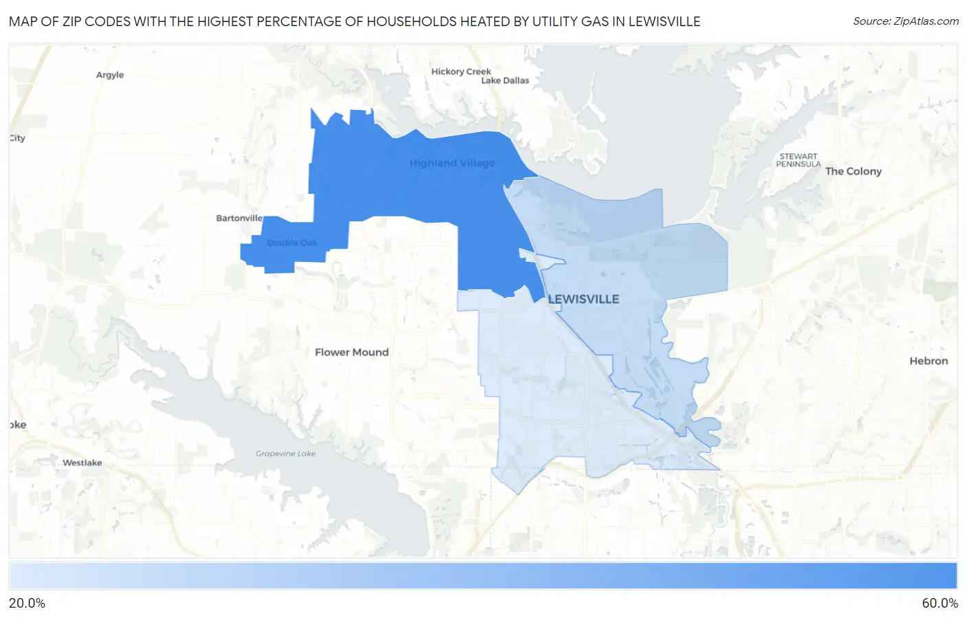 Zip Codes with the Highest Percentage of Households Heated by Utility Gas in Lewisville Map