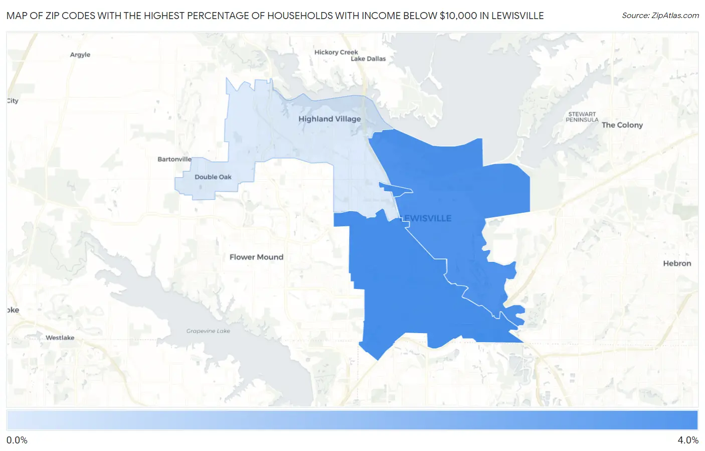 Zip Codes with the Highest Percentage of Households with Income Below $10,000 in Lewisville Map