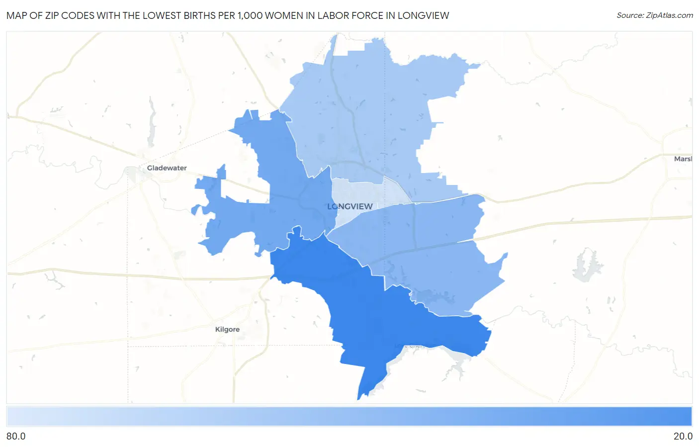 Zip Codes with the Lowest Births per 1,000 Women in Labor Force in Longview Map
