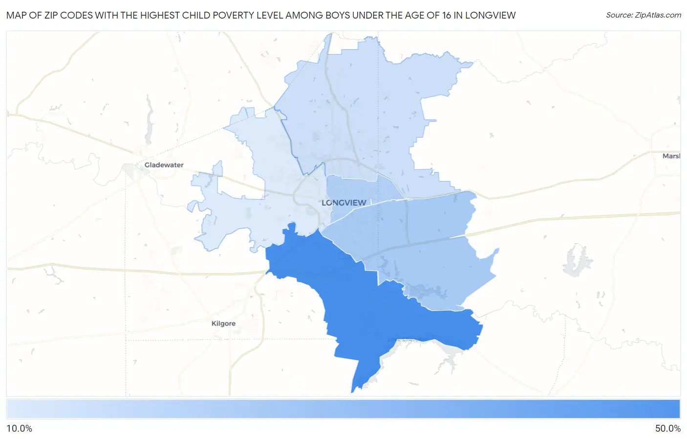 Zip Codes with the Highest Child Poverty Level Among Boys Under the Age of 16 in Longview Map