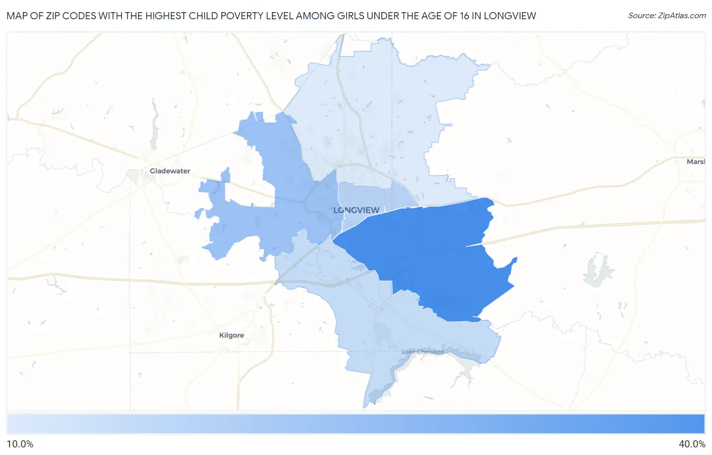 Zip Codes with the Highest Child Poverty Level Among Girls Under the Age of 16 in Longview Map
