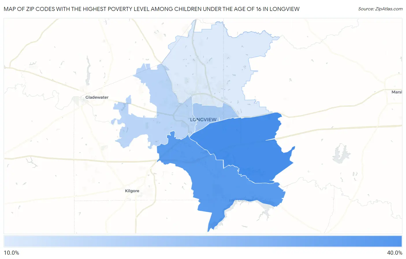Zip Codes with the Highest Poverty Level Among Children Under the Age of 16 in Longview Map