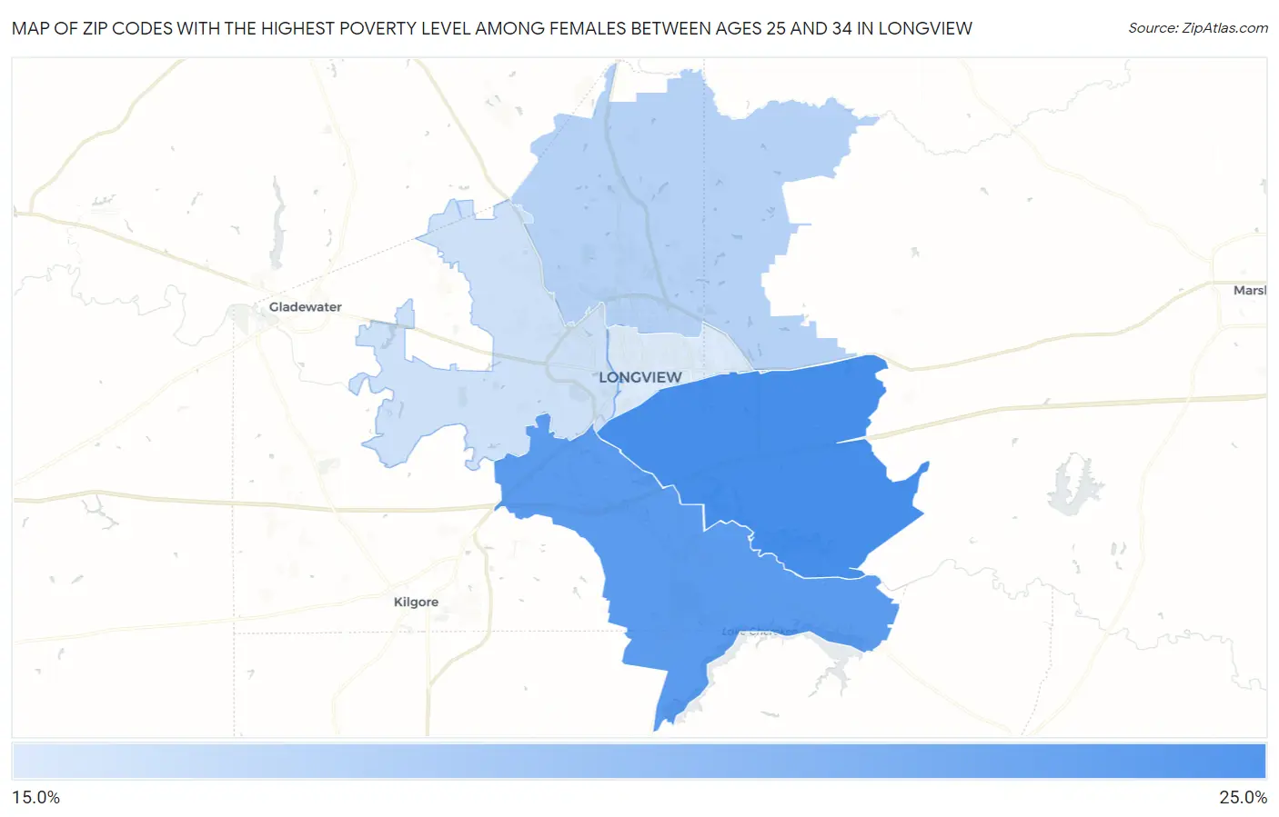 Zip Codes with the Highest Poverty Level Among Females Between Ages 25 and 34 in Longview Map