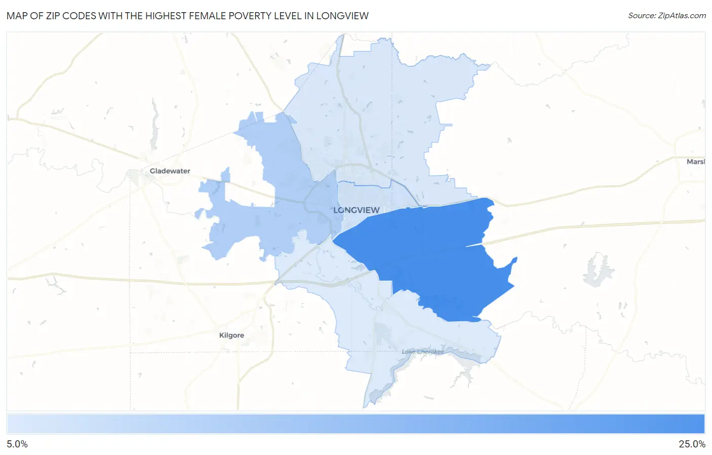 Zip Codes with the Highest Female Poverty Level in Longview Map