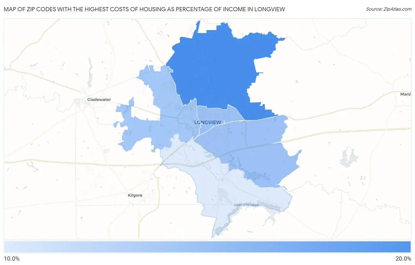 Zip Codes with the Highest Costs of Housing as Percentage of Income in Longview Map
