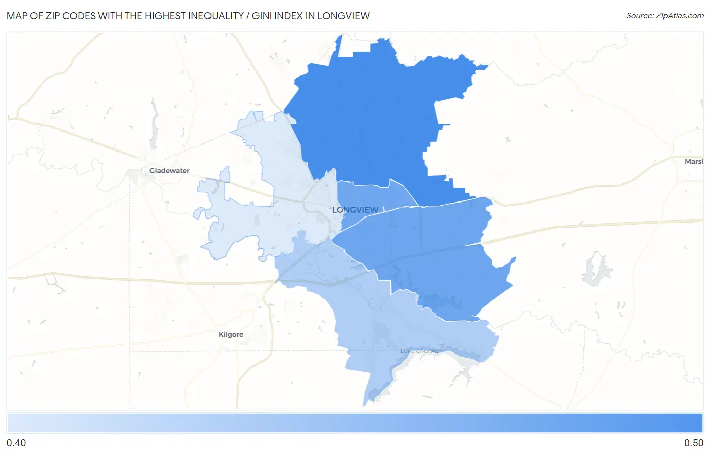 Zip Codes with the Highest Inequality / Gini Index in Longview Map