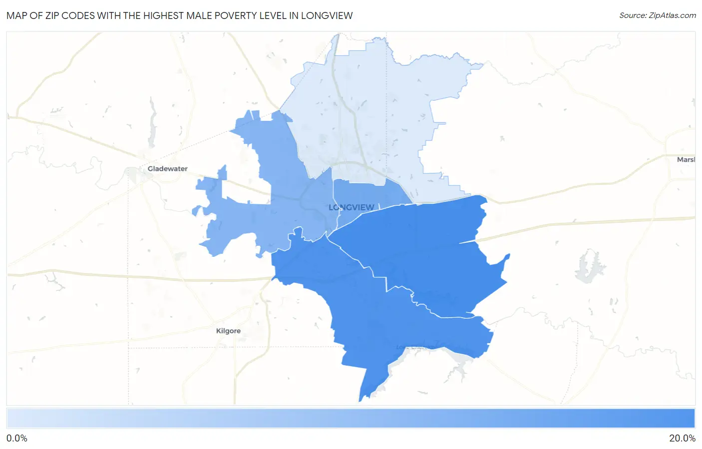 Zip Codes with the Highest Male Poverty Level in Longview Map